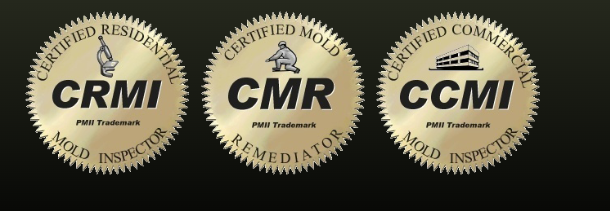 CRMI Certified Residential Mold Inspector, CMR Certified Mold Remediator, and CCMI Certified Commercial Mold Inspector seals — PMII trademarks