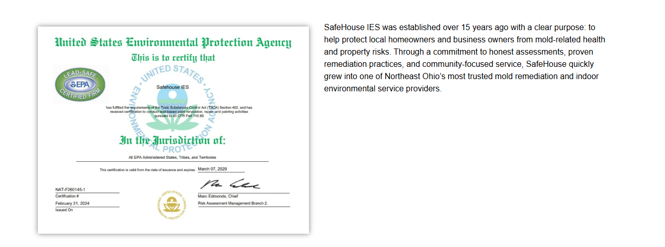 EPA Lead-Safe Certified Firm certificate issued to SafeHouse IES