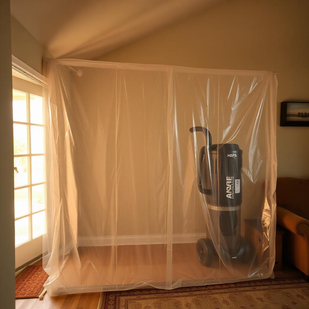 SafeHouse IES technician in PPE setting up containment and HEPA air filtration