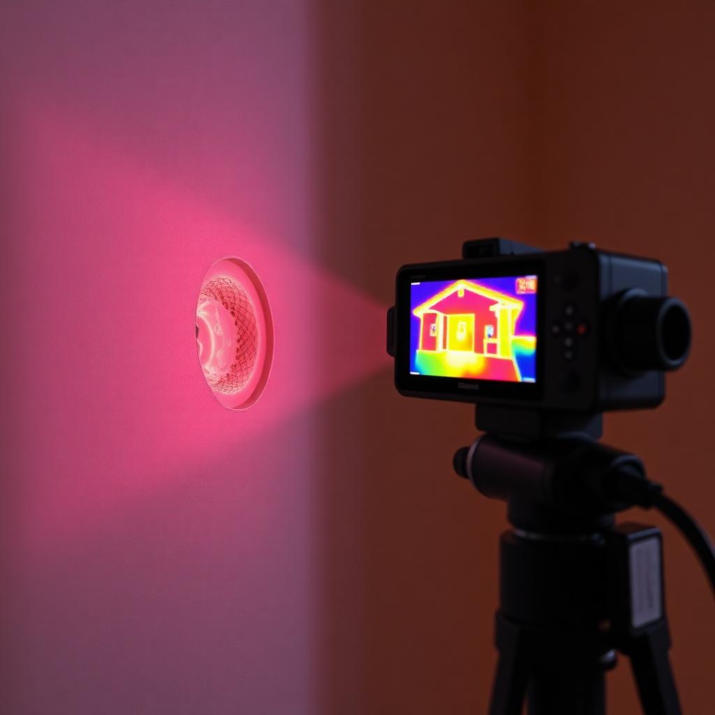 Thermal imaging camera scanning a wall for hidden moisture