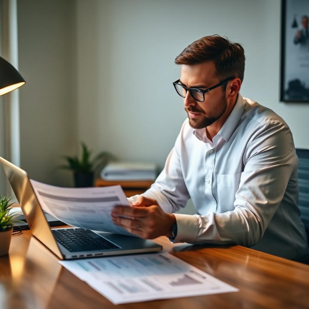 Consultant reviewing insurance claim documents at a desk