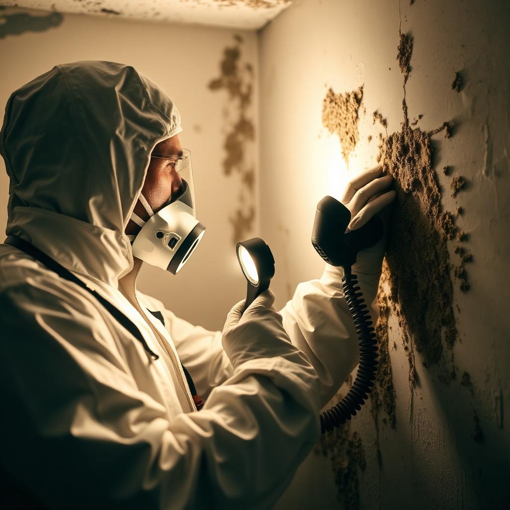 Technician in PPE inspecting mold on a basement wall