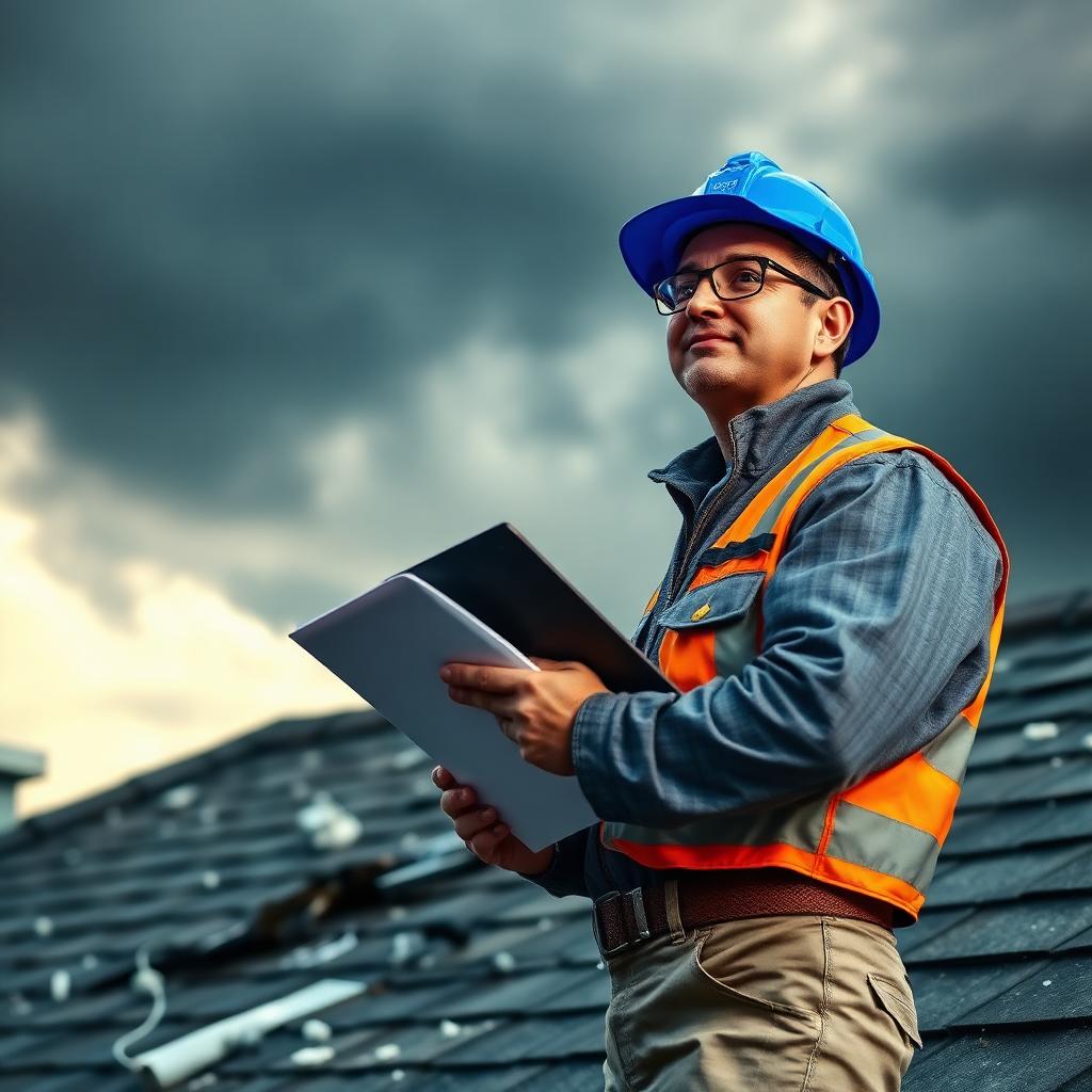 Inspector on damaged roof after a hail storm