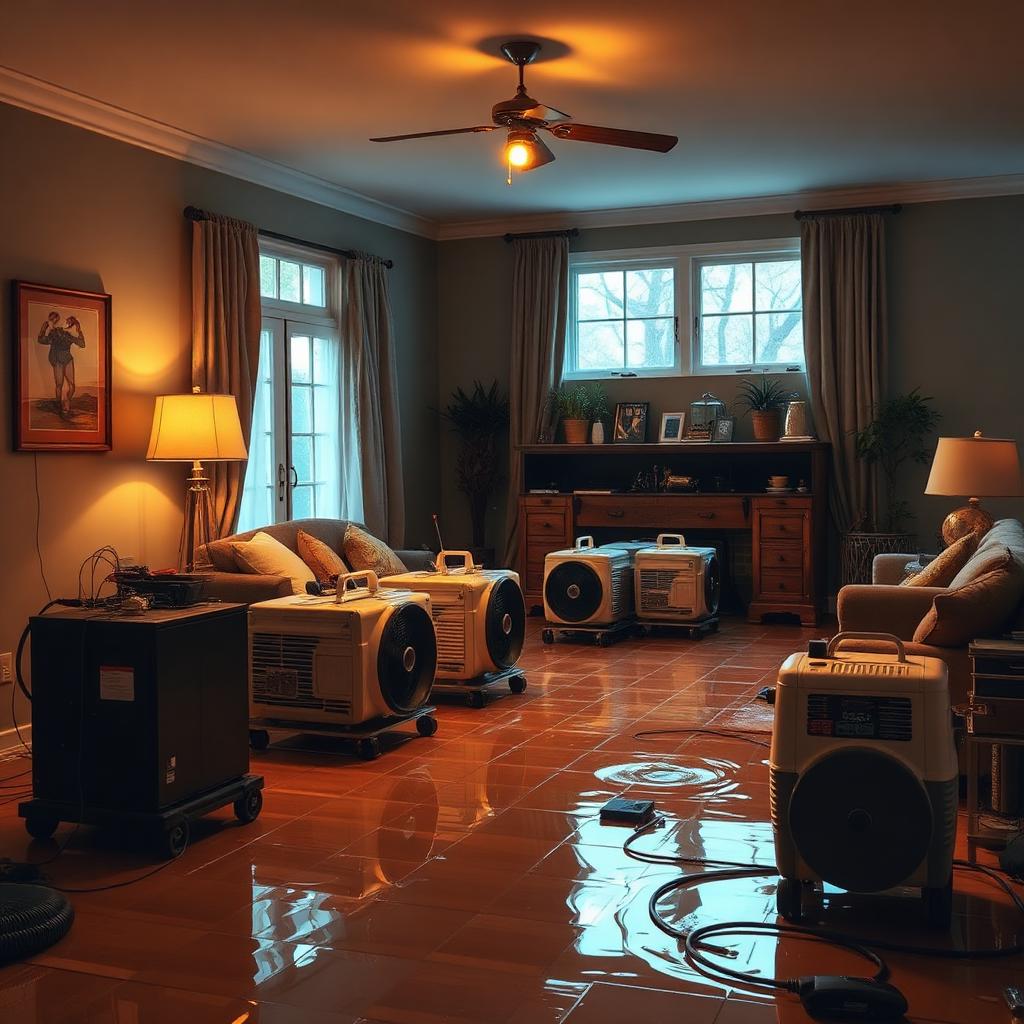 Industrial air movers and dehumidifiers drying a flooded room
